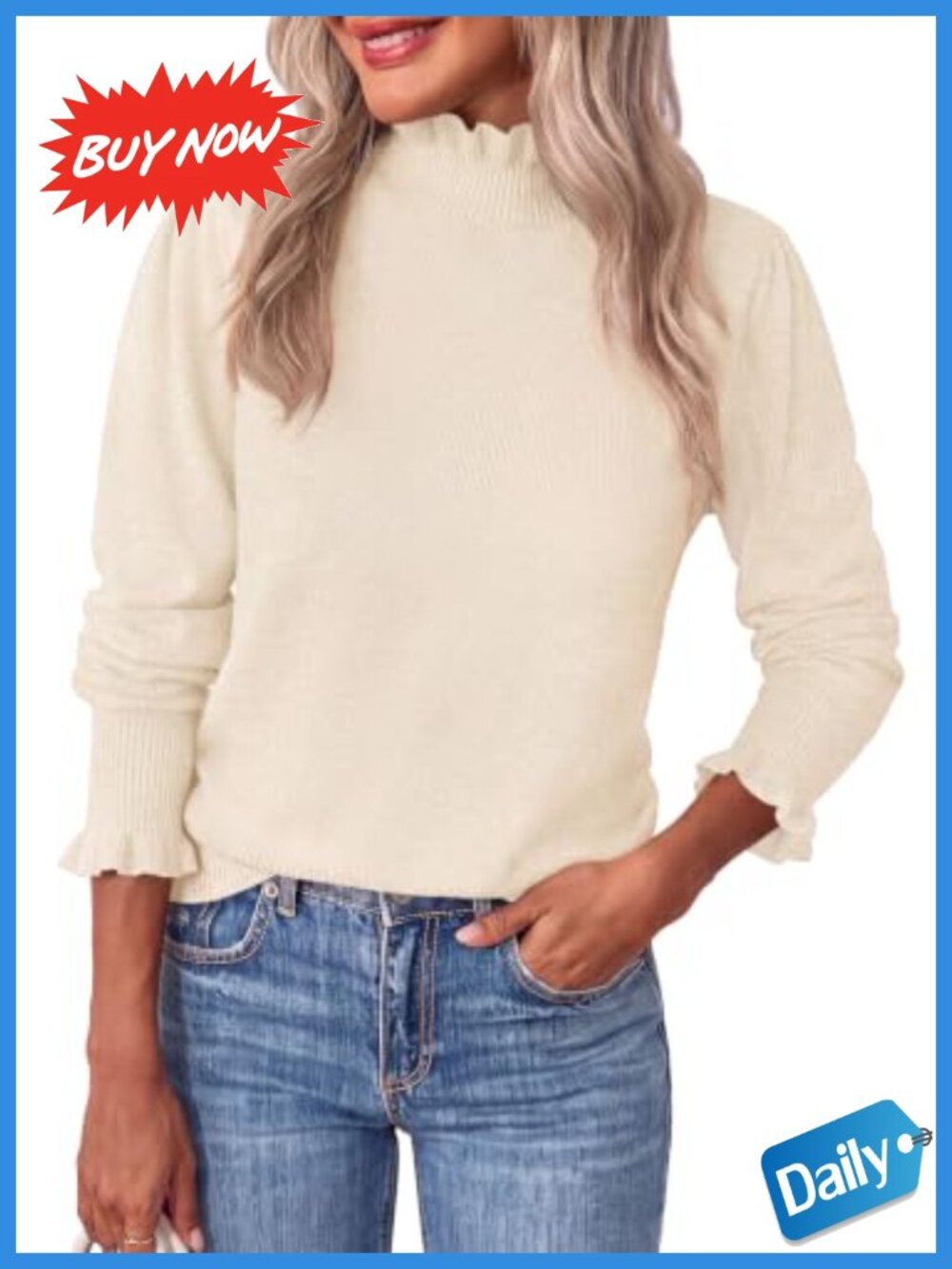 Women's Cozy Ruffle Mock Neck Puff Sleeve Pullover Sweater